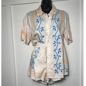 Urban Daizy Womens Linen Blend Embroidered Shirt and Shorts Set Cream Blue Small